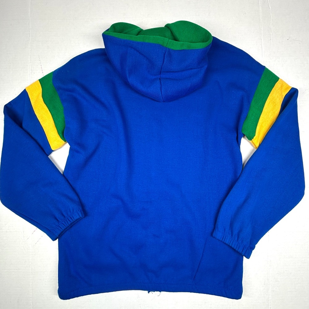 VTG 80s Topic Knits Zip Up Hoodie Small Blue Green Yellow Talon USA Brazil EUC - Picture 2 of 10